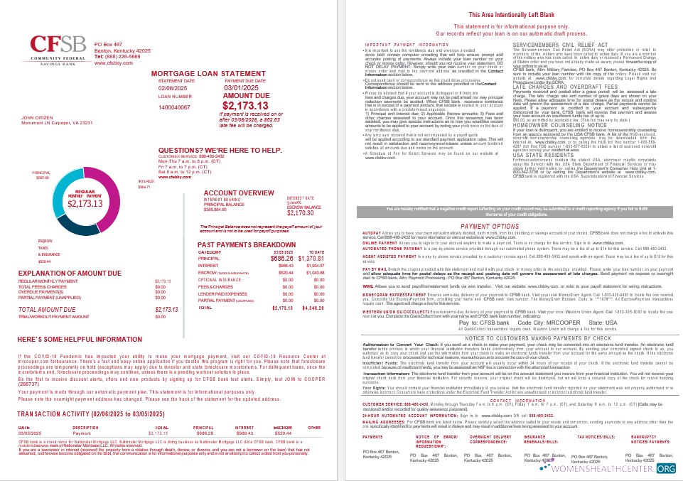 Download USA CFSB bank mortgage loan statement in Word and PDF formats , 4 pages 1 2 Photoshop template